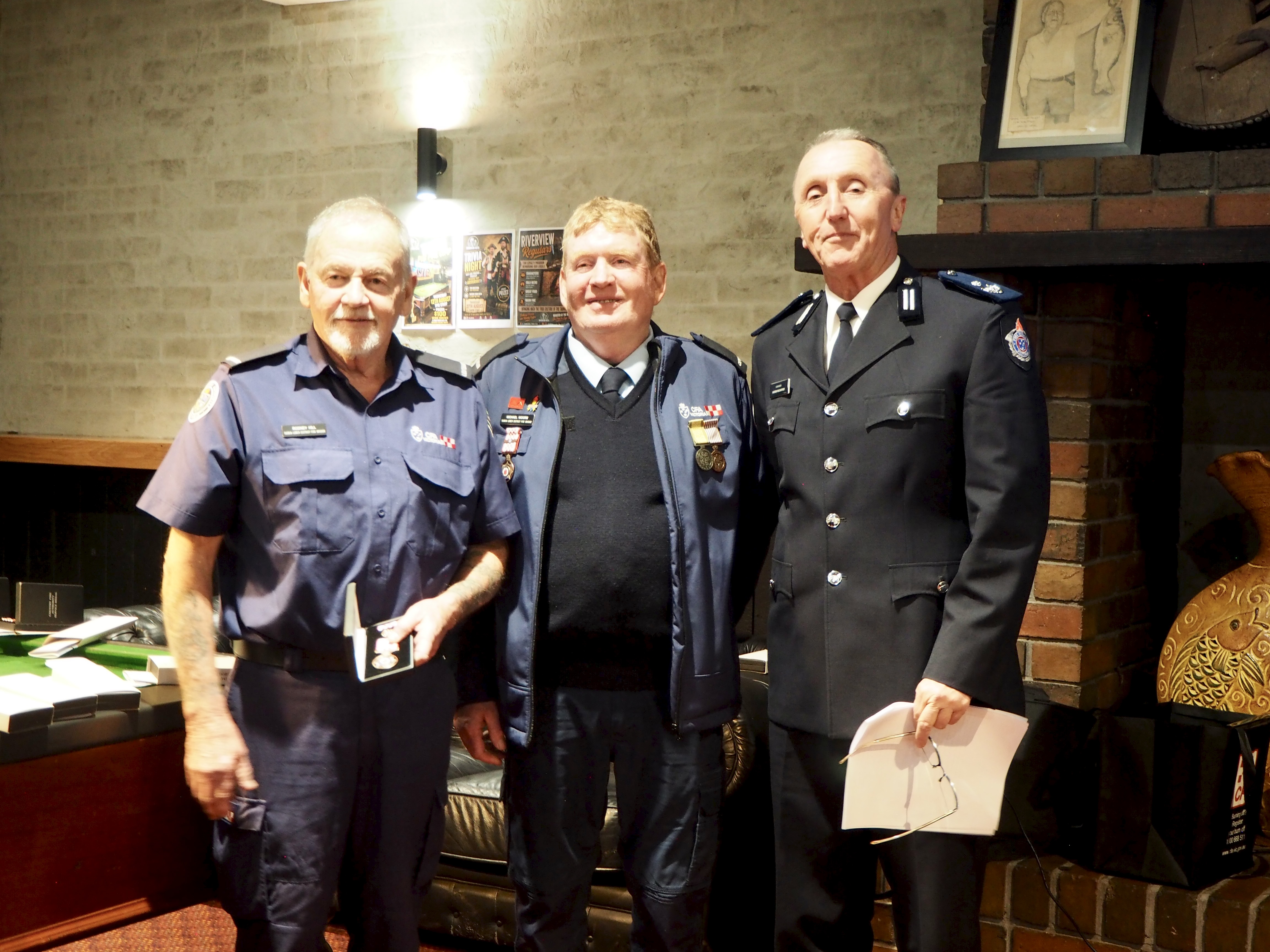 Tarwin Lower & District 1st Lieutenant Rod Hill is presented with his 10- year medal by Captain Mick Moore and District 9 Commander Andrew McCartney.